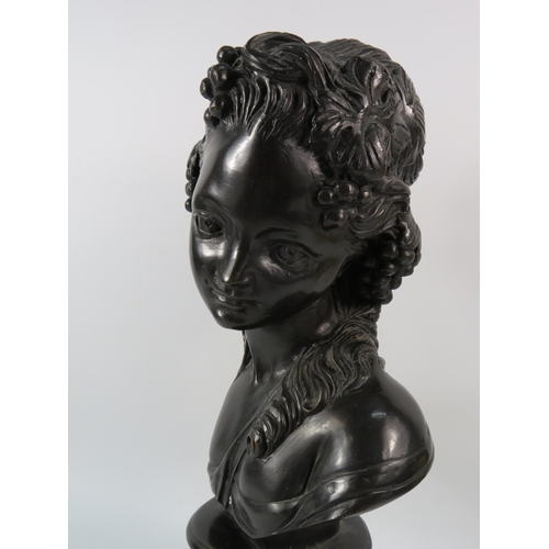 406 - Large French Bronze bust of a fruit maiden standing on a marble base, signed Louis Beatux. 19