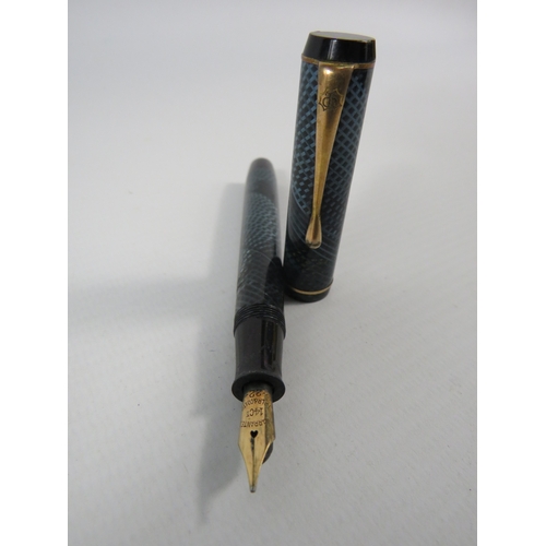 419 - 1930s De La Rue No 1332 fountain pen with 14k gold nib plus a vintage tin of pen nibs.