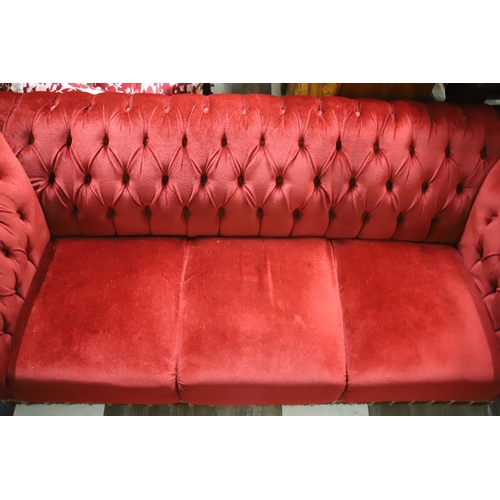 1228 - Three Seater Crimson Velour three seat chesterfield type sofa in very good condition. Measures appro... 