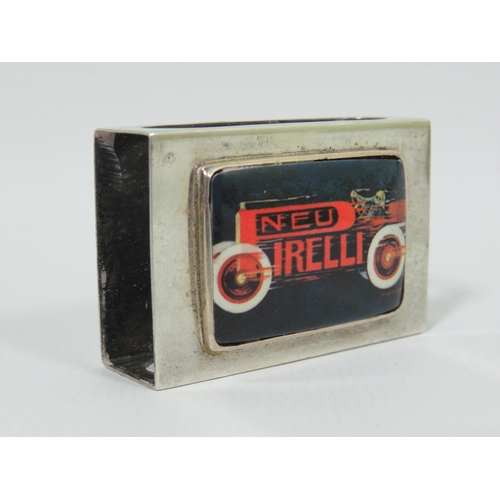 1000 - Sterling Silver Matchbox holder with an enamel panel decorated with Pirelli tyre advert plus a white... 