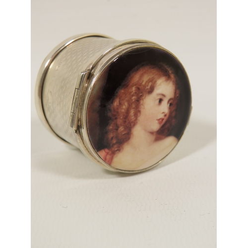 1001 - Hallmarked Sterling Silver Pill or Trinket box with hinged enamel set lid depicting a young woman wi... 