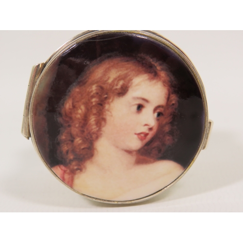 1001 - Hallmarked Sterling Silver Pill or Trinket box with hinged enamel set lid depicting a young woman wi... 