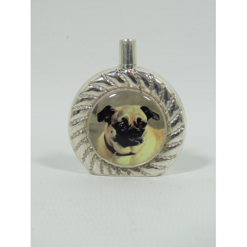 1002 - Small Sterling Silver Scent bottle with an circular enamel cabouchon of a Pug Dog.  Measures approx ... 