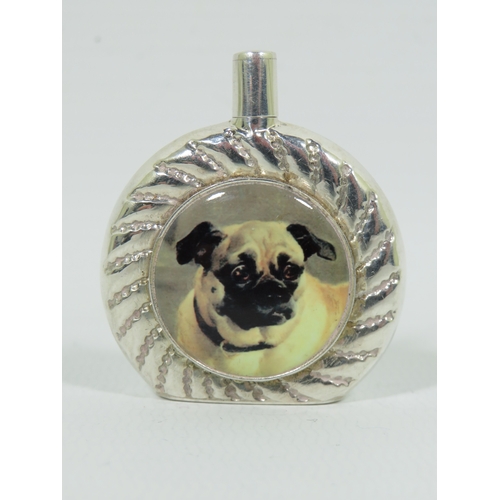 1002 - Small Sterling Silver Scent bottle with an circular enamel cabouchon of a Pug Dog.  Measures approx ... 