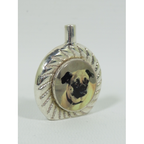 1002 - Small Sterling Silver Scent bottle with an circular enamel cabouchon of a Pug Dog.  Measures approx ... 