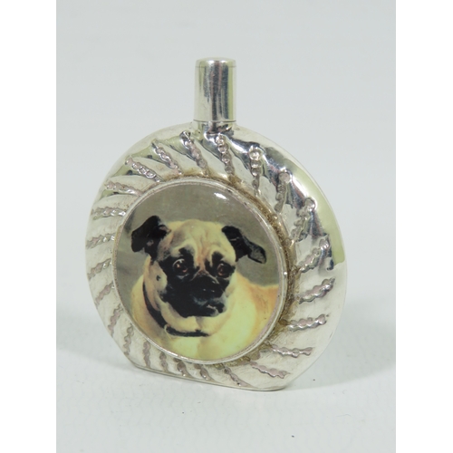 1002 - Small Sterling Silver Scent bottle with an circular enamel cabouchon of a Pug Dog.  Measures approx ... 