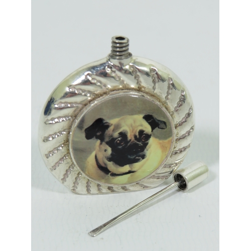 1002 - Small Sterling Silver Scent bottle with an circular enamel cabouchon of a Pug Dog.  Measures approx ... 