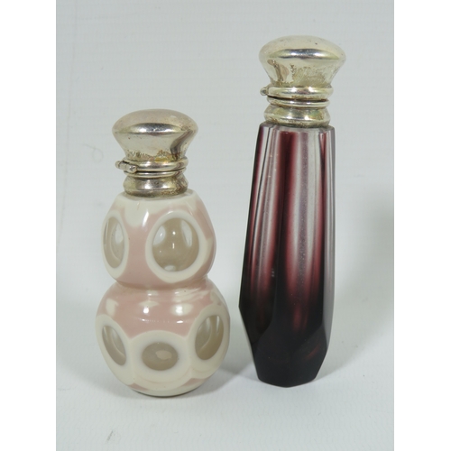 1003 - Two Vintage Glass Scent Bottles with White metal hinged tops, one has original glass inner stopper. ... 