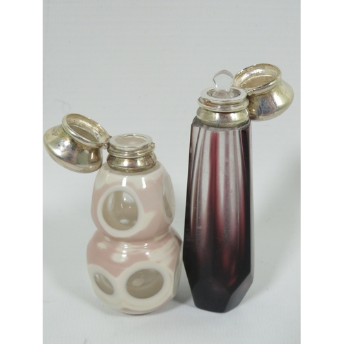 1003 - Two Vintage Glass Scent Bottles with White metal hinged tops, one has original glass inner stopper. ... 