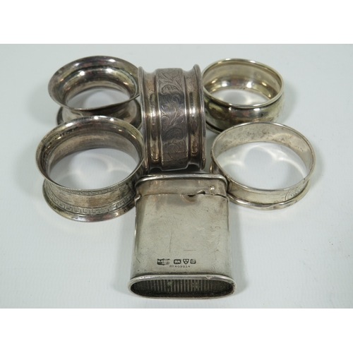 1010 - Selection of Five Hallmarked Silver Napkin rings plus a Chester hallmarked Silver Vesta with damaged... 