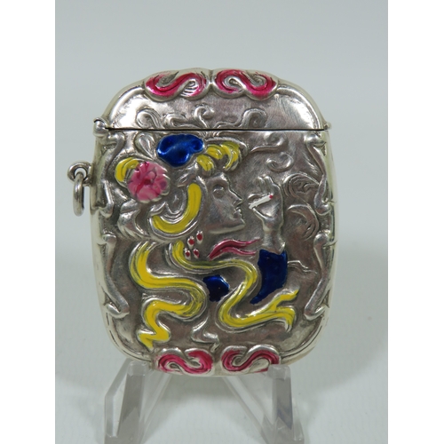 995 - Sterling Silver vesta with Art Nouveau style repousse decoration picked out in coloured enamel.   Me... 