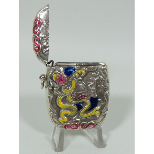 995 - Sterling Silver vesta with Art Nouveau style repousse decoration picked out in coloured enamel.   Me... 