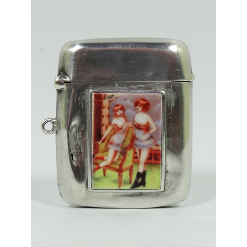 997 - Very pretty Sterling Silver Vesta with Enamel Cabouchon showing scantily clad ladies. Some wear to t... 