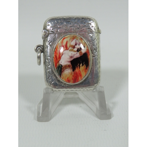 998 - Very Pretty Silver Vesta with an oval enamel cabouchon swhich depicts a semi nude lady in flames. Sc... 