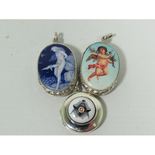 1014 - Three 925 Silver Lockets with Enamel Cabouchons, Largest measures 35mm long.  See photos.