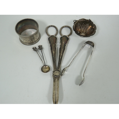 1026 - Mixed Silver Lot to include Grape scissors, Nips, Lincoln Imp condiment spoons etc  Total Weight 174... 