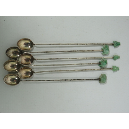 1027 - Six, Beautiful Chinese Silver Tea Stirring Spoons with Bamboo decorations to stems and Jade figures ... 