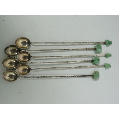 1027 - Six, Beautiful Chinese Silver Tea Stirring Spoons with Bamboo decorations to stems and Jade figures ... 