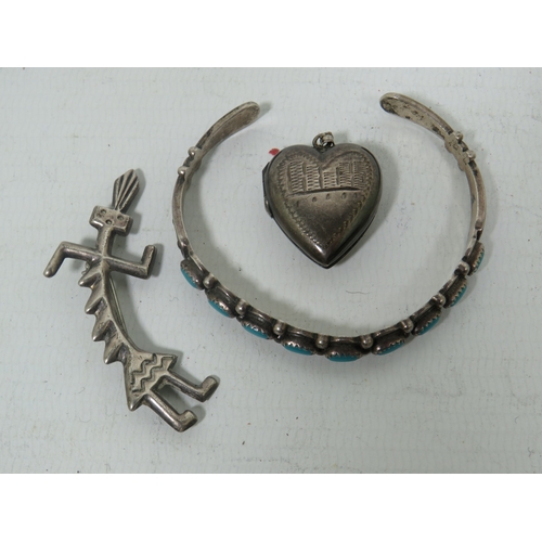 1035 - Very Pretty Tuquoise Set Silver Bracelet plus a silver heart shaped locket together with a Navajo Si... 