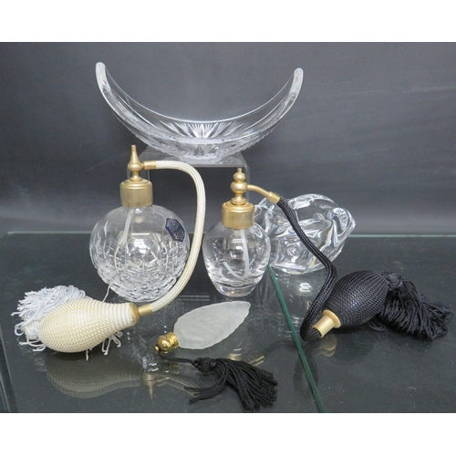 1401 - Crystal glass perfume atomiser bottles and 2 dishes.