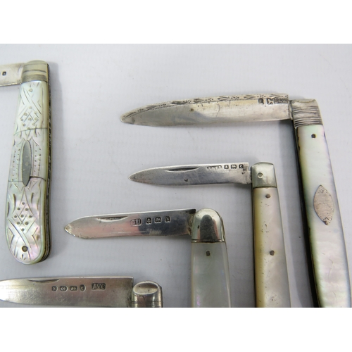 1454 - Seven sterling silver mother of pearl handle penknives.