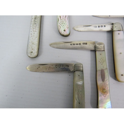 1454 - Seven sterling silver mother of pearl handle penknives.