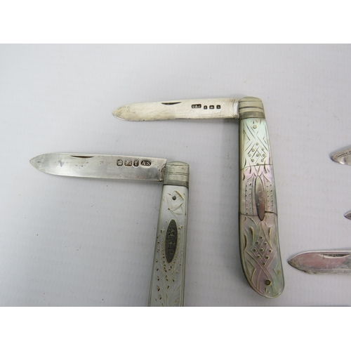 1454 - Seven sterling silver mother of pearl handle penknives.