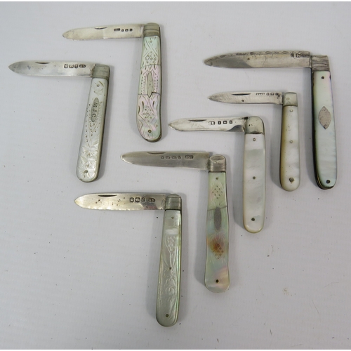 1454 - Seven sterling silver mother of pearl handle penknives.