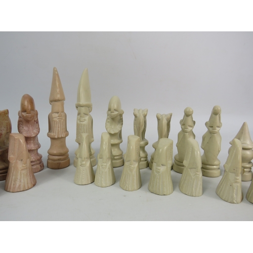 1493 - Soapstone carved chess set, the tallest piece measeures 5