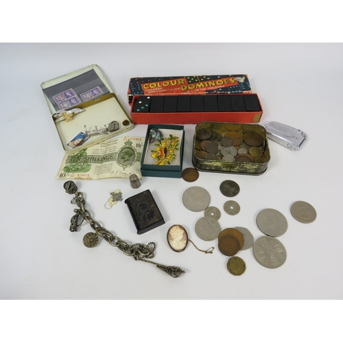 1495 - Interesting mixed lot to include a antique vesta, Cameo brooch, coins, lighter etc.