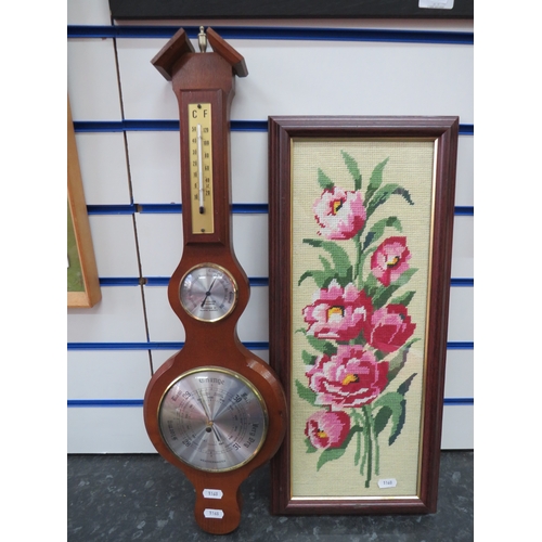 1168 - Small Wall mounted barometer/Thermometer plus a framed tapestry under glass. See photos.