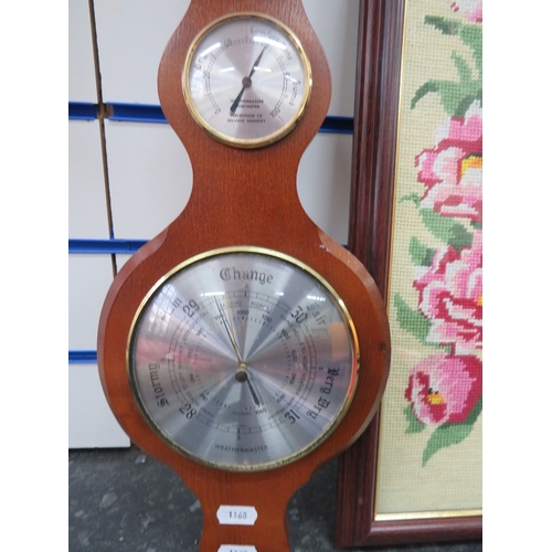 1168 - Small Wall mounted barometer/Thermometer plus a framed tapestry under glass. See photos.