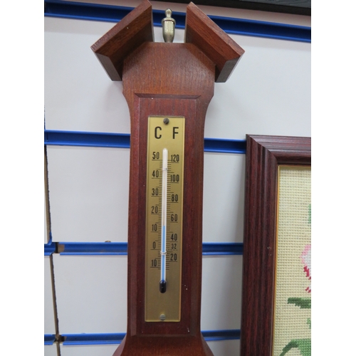 1168 - Small Wall mounted barometer/Thermometer plus a framed tapestry under glass. See photos.