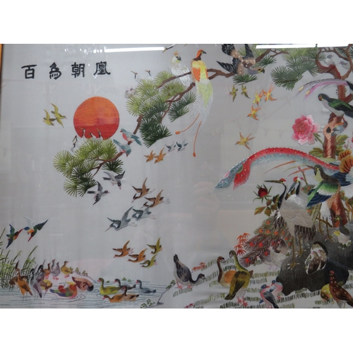 1178 - Lovely Oriental Silk Picture framed under glass with the Chinese Characters for 'Hundred Birds Facin... 