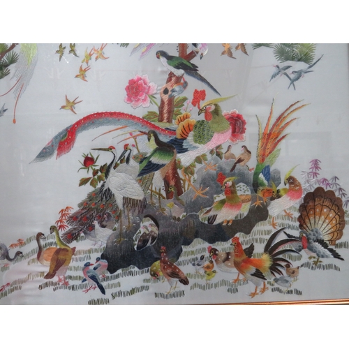 1178 - Lovely Oriental Silk Picture framed under glass with the Chinese Characters for 'Hundred Birds Facin... 