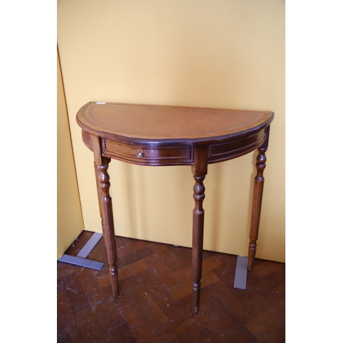 1387 - Reproduction Antique style Demilune Table with leather insert top H:29 x W:29 x D:15 inches . See ph... 