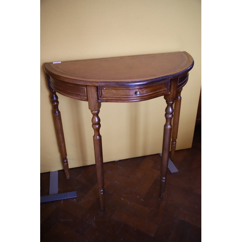 1387 - Reproduction Antique style Demilune Table with leather insert top H:29 x W:29 x D:15 inches . See ph... 