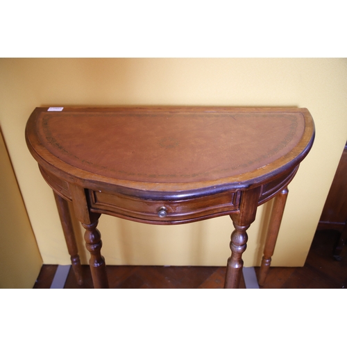 1387 - Reproduction Antique style Demilune Table with leather insert top H:29 x W:29 x D:15 inches . See ph... 