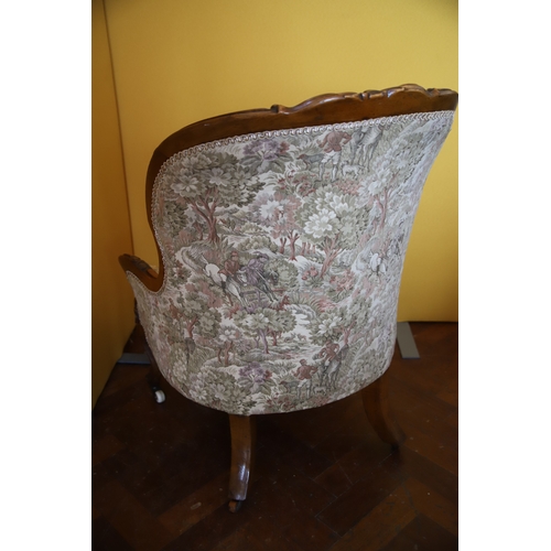 1388 - Nicely upholstered button back Walnut Victorian Armchair in good condition. Carved Detail to frame. ... 