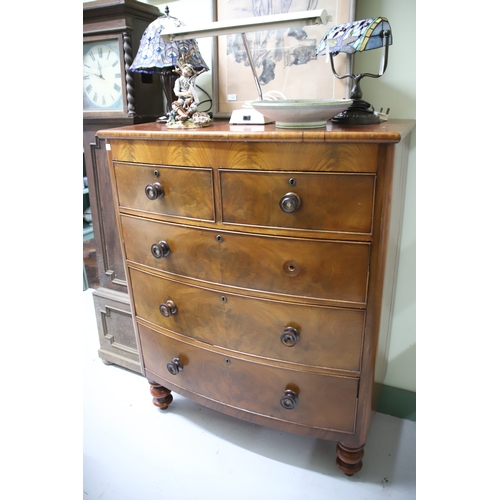 1705 - Bow Fronted chest with Burr Walnut Veneer, (Missing one handle) turned bun feet. See photos for cond... 