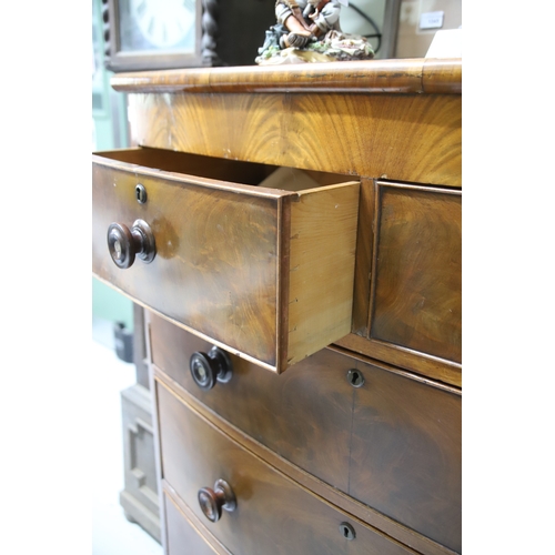 1705 - Bow Fronted chest with Burr Walnut Veneer, (Missing one handle) turned bun feet. See photos for cond... 