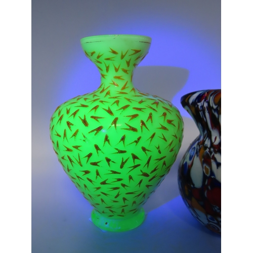 38 - Art deco uranium glass vase and a murano millefiori glass jug.