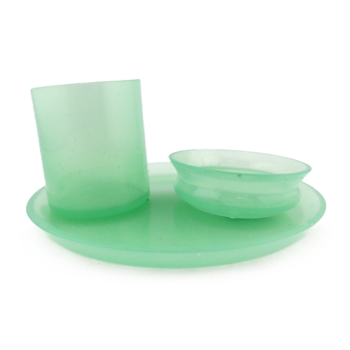 60 - Small Jade uranium glass plate and two pots.
