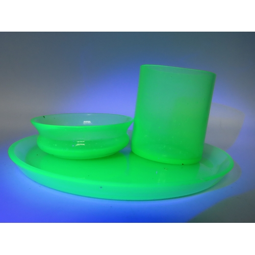 60 - Small Jade uranium glass plate and two pots.