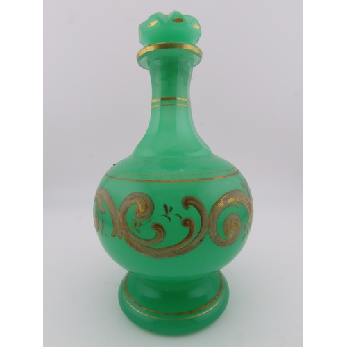 9 - Small vintage Uranium glass bottle with gold decoration, 4 3/4