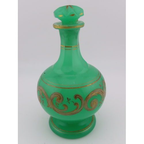 9 - Small vintage Uranium glass bottle with gold decoration, 4 3/4