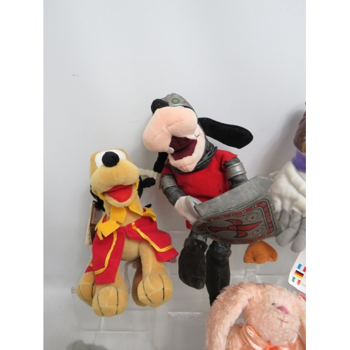 Assorted plush toys including Disney characters (Pluto, Goofy, Eeyore ...