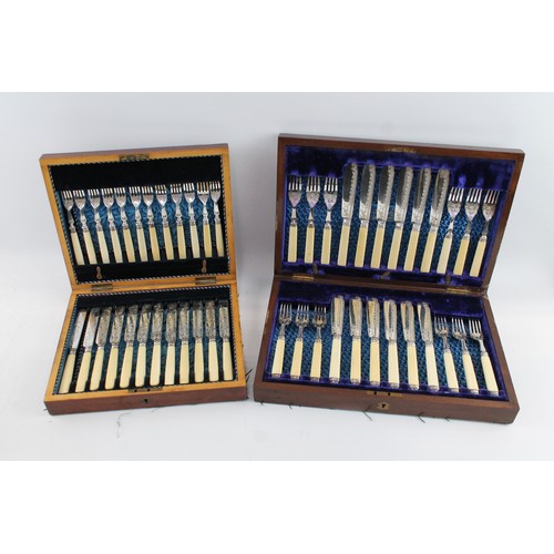 323 - Vintage Silver Plate Cutlery Set Fish Sets Floral Detail W/ Wooden Case 476376