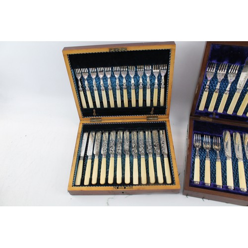 323 - Vintage Silver Plate Cutlery Set Fish Sets Floral Detail W/ Wooden Case 476376