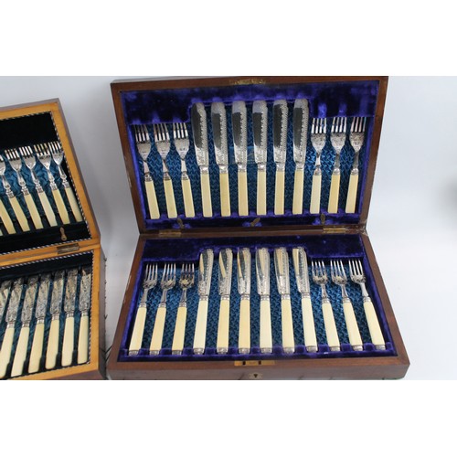 323 - Vintage Silver Plate Cutlery Set Fish Sets Floral Detail W/ Wooden Case 476376